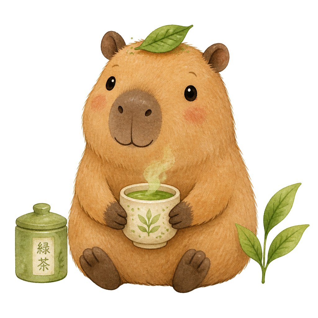 Yuzi the capybara mascot sipping matcha