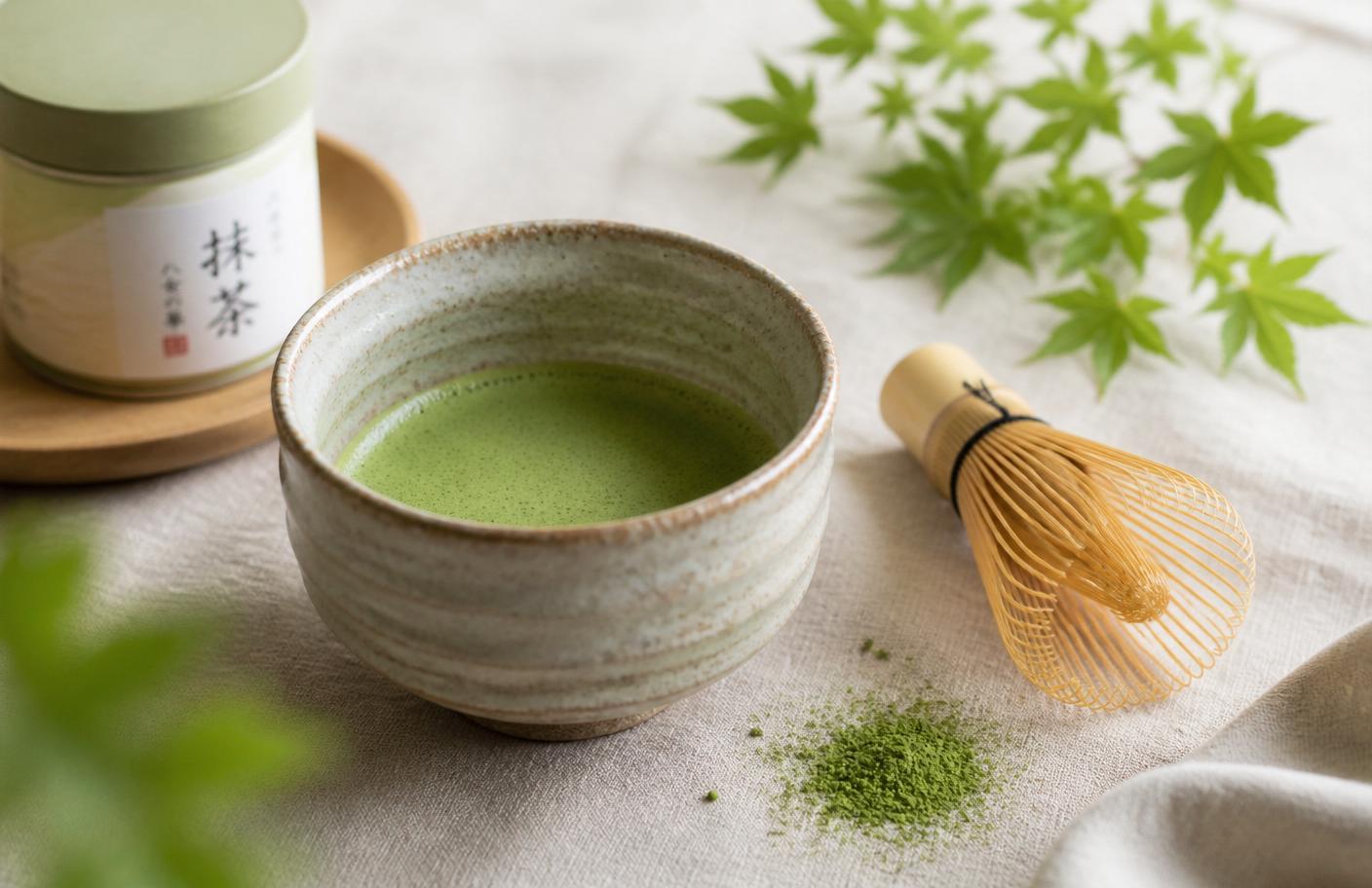 A ceramic bowl of freshly whisked matcha with a bamboo chasen and scattered matcha powder
