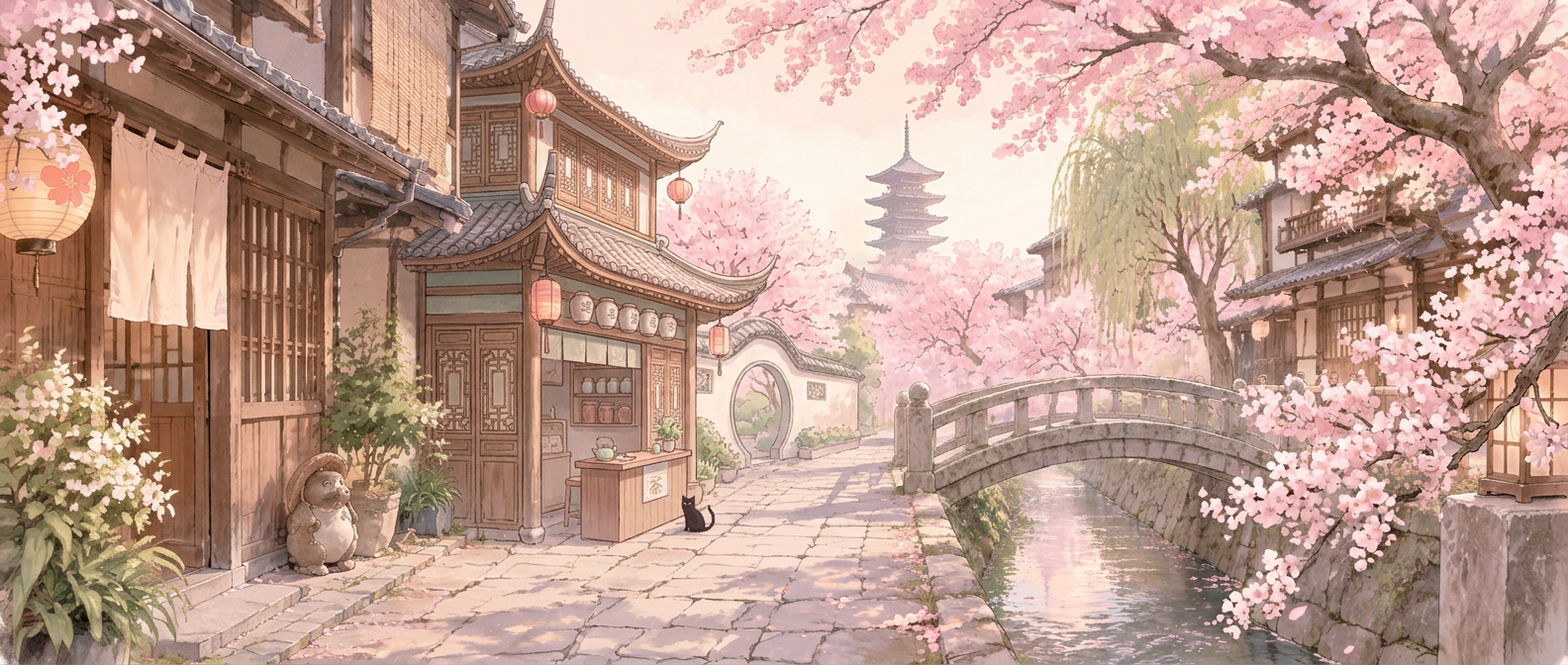 Pastellillustration av en japansk gata i körsbärsblom